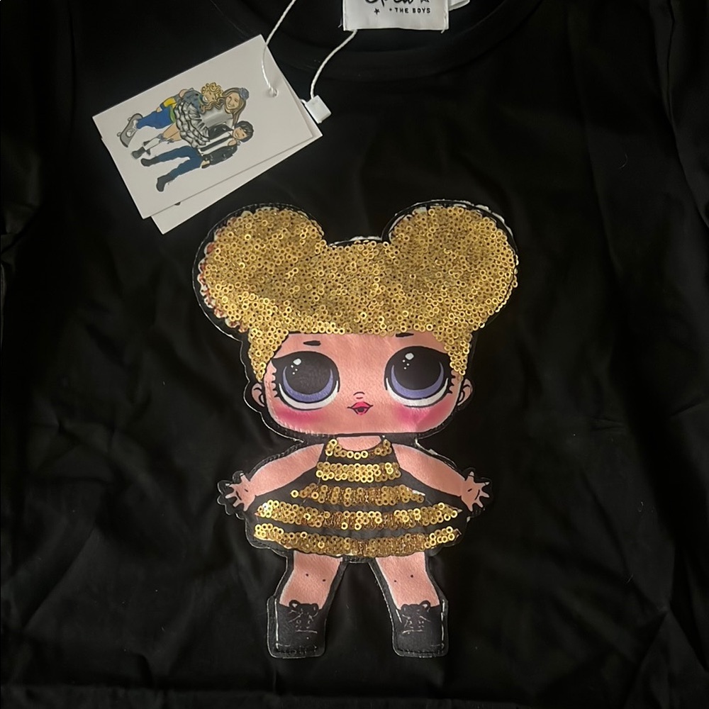Lola and the Boys Black T-Shirt with Gold Sequin Doll Design